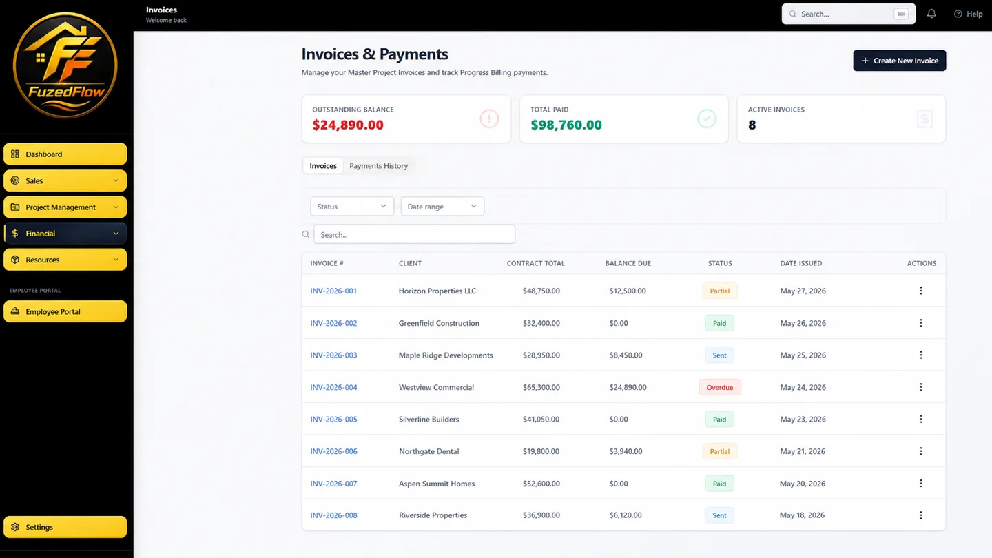 Fuzed Flow Invoicing — Invoices & Payments dashboard