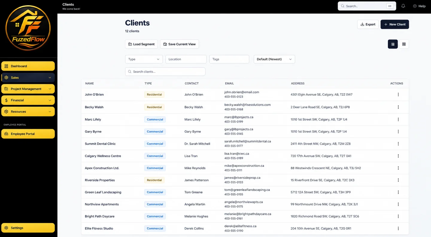 Fuzed Flow CRM — Clients table view